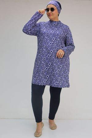 1727 Büyük Beden Uzunkol Tesettür Mayo Takım - Damla Desen Saks