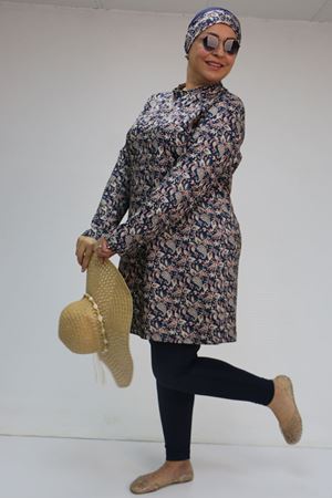 1727 Büyük Beden Uzunkol Tesettür Mayo Takım - Etnik Desen Lacivert