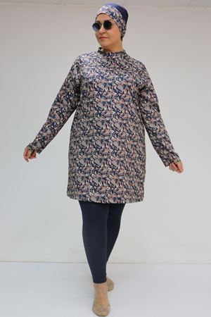 1727 Büyük Beden Uzunkol Tesettür Mayo Takım - Etnik Desen Lacivert