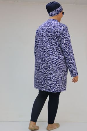 1727 Büyük Beden Uzunkol Tesettür Mayo Takım - Damla Desen Saks