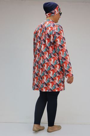 1727 Büyük Beden Uzunkol Tesettür Mayo Takım - Yaprak Desen Oranj