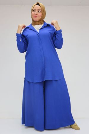 47073 Büyük Beden Bürümcük Pantolonlu Takım - Saks