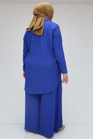 47073 Büyük Beden Bürümcük Pantolonlu Takım - Saks