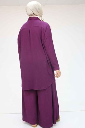 47073 Büyük Beden Bürümcük Pantolonlu Takım - Mürdüm