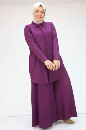 47073 Büyük Beden Bürümcük Pantolonlu Takım - Mürdüm