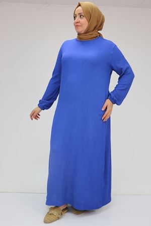 32025 Büyük Beden Bürümcük  Kolu Lastikli Elbise - Saks