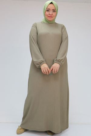 32025 Büyük Beden Bürümcük  Kolu Lastikli Elbise - Bej