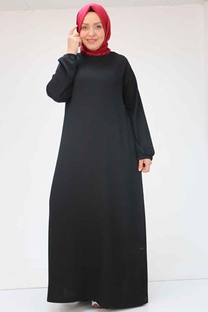 32025 Büyük Beden Bürümcük  Kolu Lastikli Elbise - Siyah
