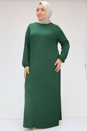 32025 Büyük Beden Bürümcük  Kolu Lastikli Elbise - Zümrüt