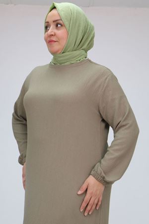 32025 Büyük Beden Bürümcük  Kolu Lastikli Elbise - Bej