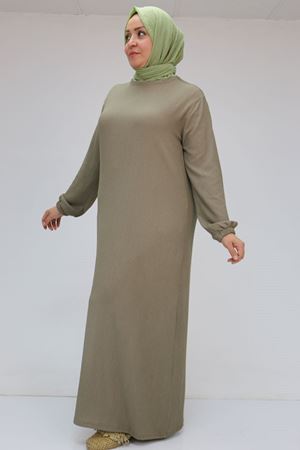 32025 Büyük Beden Bürümcük  Kolu Lastikli Elbise - Bej