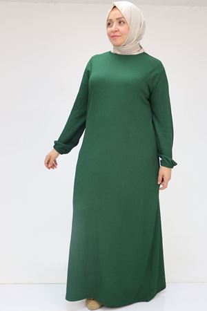 32025 Büyük Beden Bürümcük  Kolu Lastikli Elbise - Zümrüt