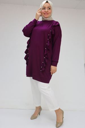 58074 Büyük Beden Fırfır Ve Taş Detaylı Penye Tunik - Mürdüm