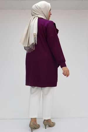 58074 Büyük Beden Fırfır Ve Taş Detaylı Penye Tunik - Mürdüm