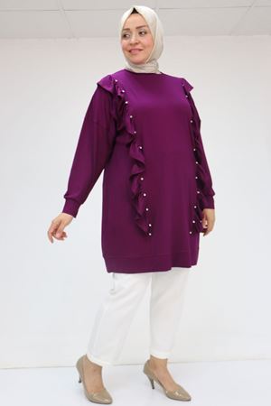 58074 Büyük Beden Fırfır Ve Taş Detaylı Penye Tunik - Mürdüm