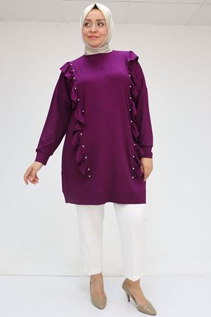 58074 Büyük Beden Fırfır Ve Taş Detaylı Penye Tunik - Mürdüm