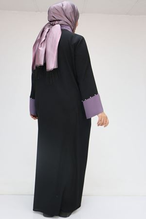 56008 Büyük Beden Kol Garnili Etamin Abaya Ferace - Siyah-Lila