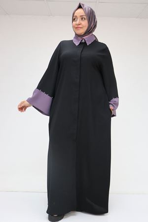 56008 Büyük Beden Kol Garnili Etamin Abaya Ferace - Siyah-Lila