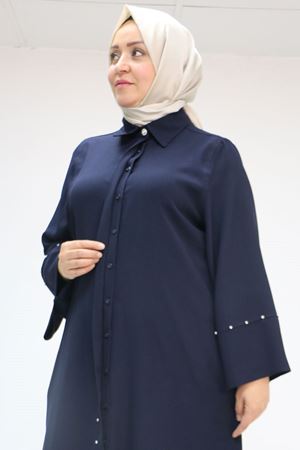 56009 Büyük Beden Kol Garnili Etamin Abaya Ferace - Lacivert