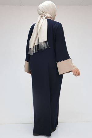 56008 Büyük Beden Kol Garnili Etamin Abaya Ferace - Lacivert-Vizon