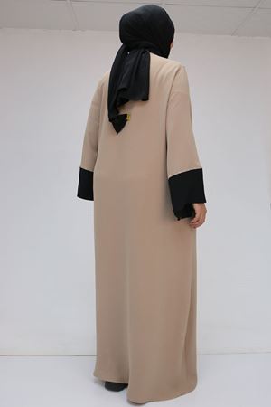 56008 Büyük Beden Kol Garnili Etamin Abaya Ferace - Siyah-Vizon