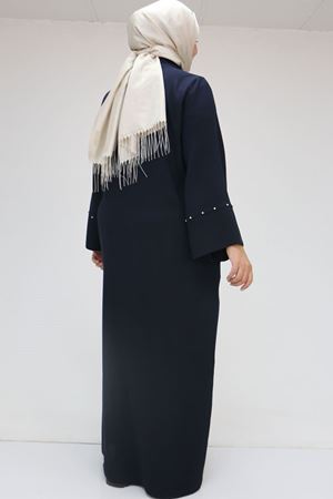 56009 Büyük Beden Kol Garnili Etamin Abaya Ferace - Lacivert