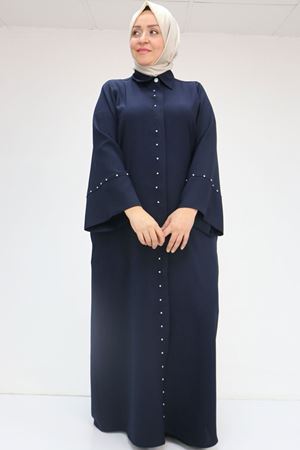 56009 Büyük Beden Kol Garnili Etamin Abaya Ferace - Lacivert