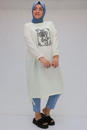 F-58009 Büyük Beden Önü Nakış Ve Boncuk İşlemeli Keten Tunik - Ekru