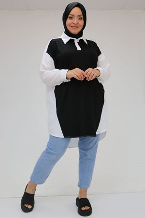 F-58032 Büyük Beden Önü Penye Detaylı Müslin Tunik - Siyah