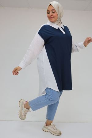 F-58032 Büyük Beden Önü Penye Detaylı Müslin Tunik - Lacivert