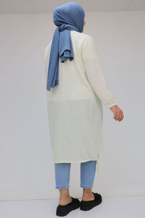 F-58009 Büyük Beden Önü Nakış Ve Boncuk İşlemeli Keten Tunik - Ekru