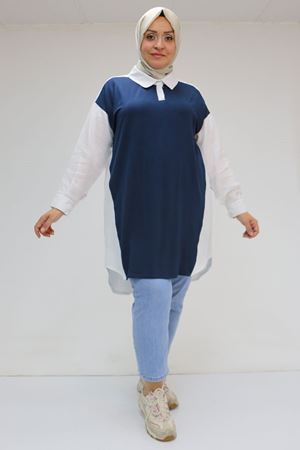 F-58032 Büyük Beden Önü Penye Detaylı Müslin Tunik - Lacivert