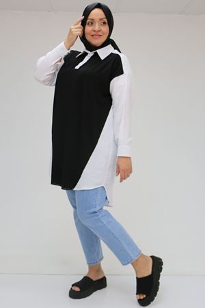 F-58032 Büyük Beden Önü Penye Detaylı Müslin Tunik - Siyah