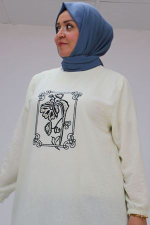 F-58009 Büyük Beden Önü Nakış Ve Boncuk İşlemeli Keten Tunik - Ekru