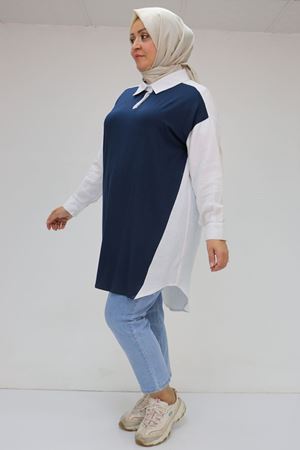 F-58032 Büyük Beden Önü Penye Detaylı Müslin Tunik - Lacivert
