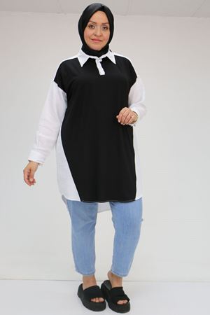 F-58032 Büyük Beden Önü Penye Detaylı Müslin Tunik - Siyah