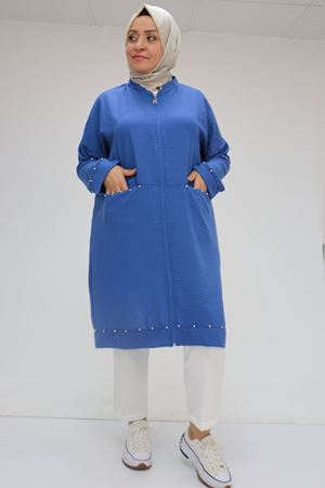 F-53016 Büyük Beden Kolu Lastikli Taş Baskılı Keten Tunik - İndigo