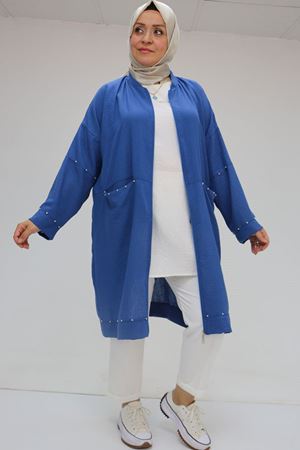 F-53016 Büyük Beden Kolu Lastikli Taş Baskılı Keten Tunik - İndigo