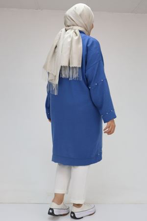 F-53016 Büyük Beden Kolu Lastikli Taş Baskılı Keten Tunik - İndigo