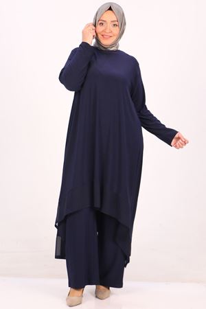 37017 Büyük Beden Sandy-Şifon Pantolonlu Takım - Lacivert