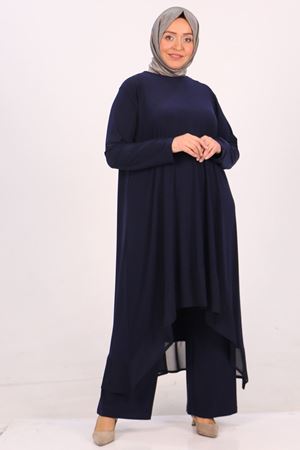 37017 Büyük Beden Sandy-Şifon Pantolonlu Takım - Lacivert