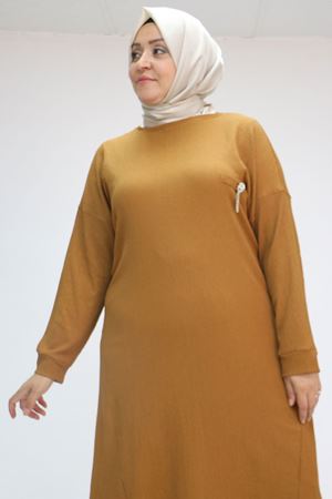 F-57028 Büyük Beden Süs Cep Detaylı Bürümcük Pantolonlu  Takım - Taba