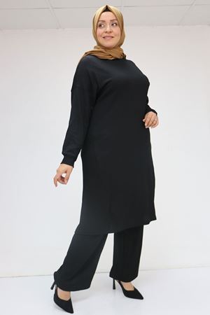 F-57028 Büyük Beden Süs Cep Detaylı Bürümcük Pantolonlu  Takım - Siyah