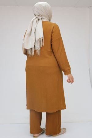 F-57028 Büyük Beden Süs Cep Detaylı Bürümcük Pantolonlu  Takım - Taba