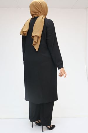 F-57028 Büyük Beden Süs Cep Detaylı Bürümcük Pantolonlu  Takım - Siyah