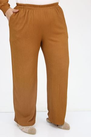 F-57028 Büyük Beden Süs Cep Detaylı Bürümcük Pantolonlu  Takım - Taba