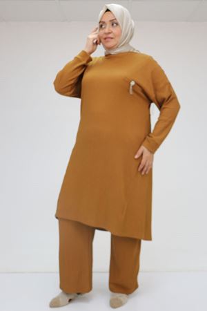 F-57028 Büyük Beden Süs Cep Detaylı Bürümcük Pantolonlu  Takım - Taba