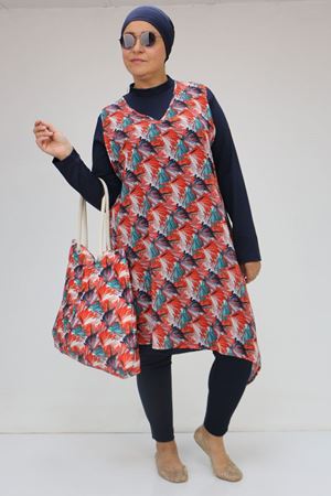 1723 Büyük Beden Uzun Kol Şifon Pareolu Tesettür Mayo Takım - Yaprak Desen Oranj