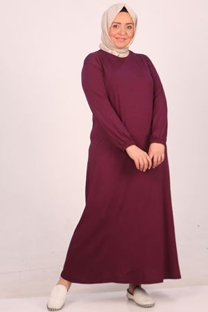 22008 Büyük Beden Kolu Lastikli Penye Elbise-Mürdüm