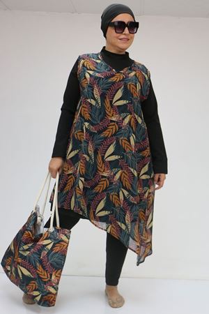 1723 Büyük Beden Uzun Kol Şifon Pareolu Tesettür Mayo Takım - Yaprak Desen Hardal